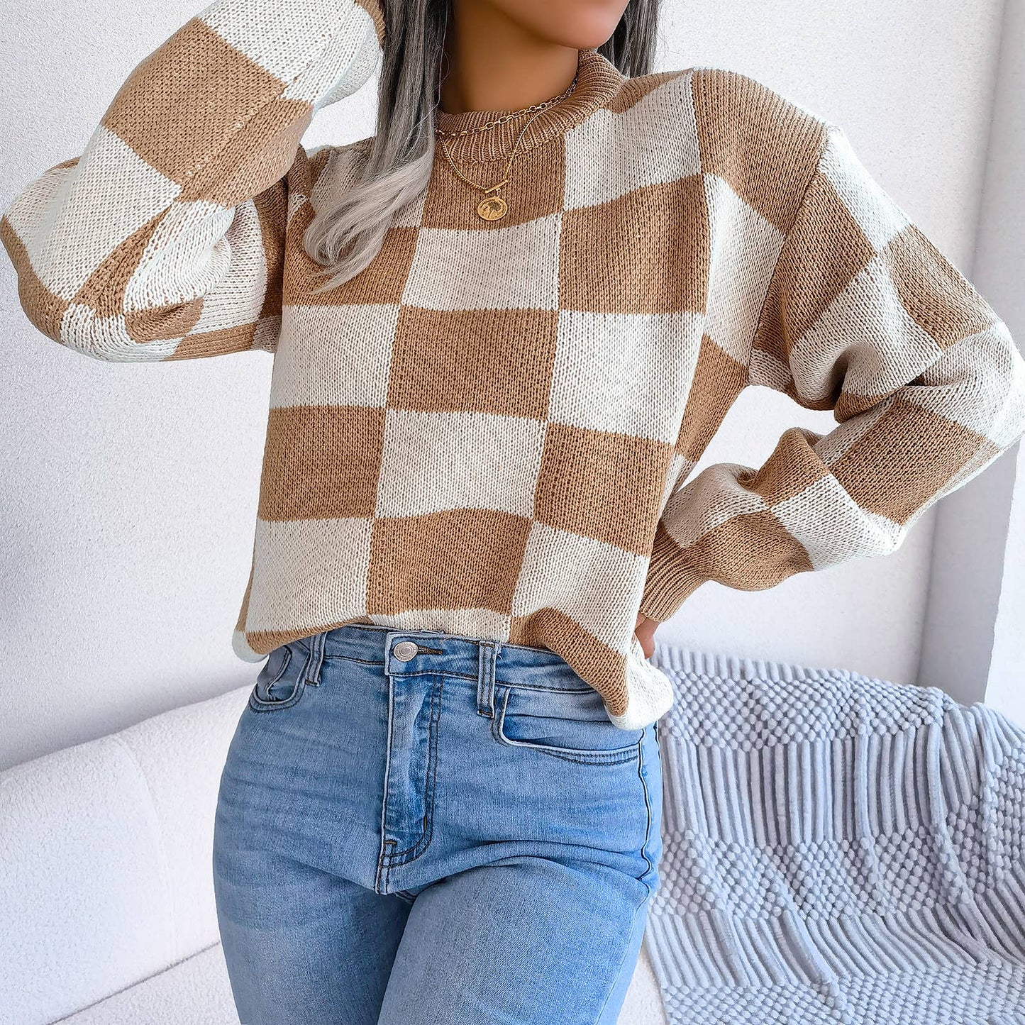 Plaid knit sweater